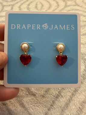NWT Draper James Red Heart Shaped Pendant W/White Pearl Stud Earrings